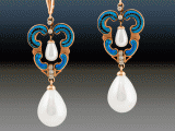 Eka Samkharadze<br />
Earrings<br />
Cloisonne enamel gold pearl diamonds<br />
2240 GEL