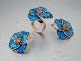 Eka Samkharadze - Earrings,<br />
Cloisonné enamel gold silver diamond - 1660 GEL;<br />
Ring,<br />
Cloisonné enamel gold silver  diamond - 1020 GEL